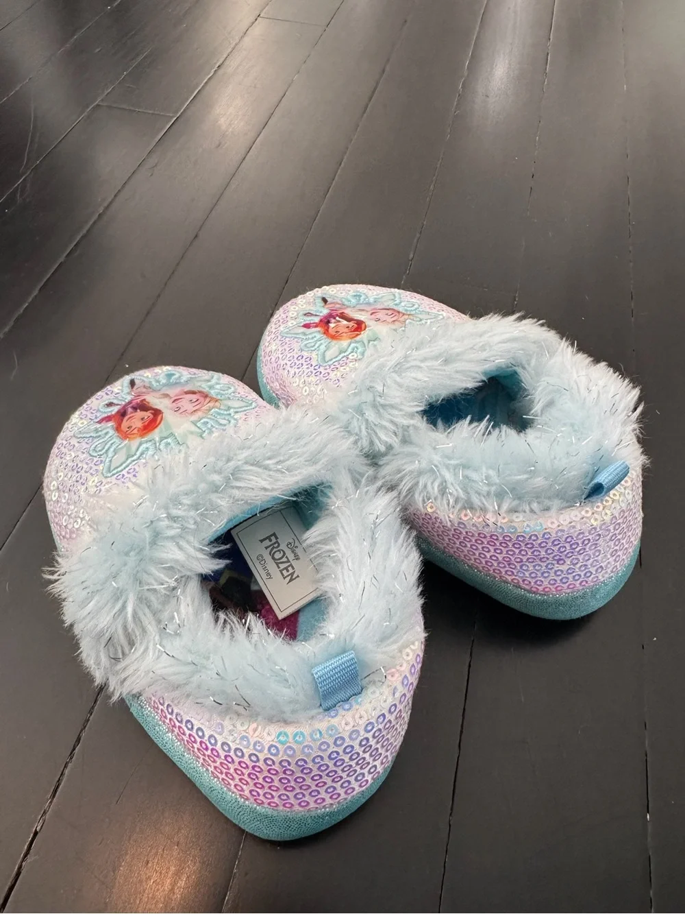 Girls' Light Blue Sequin Fuzzy Slippers with Frozen Characters